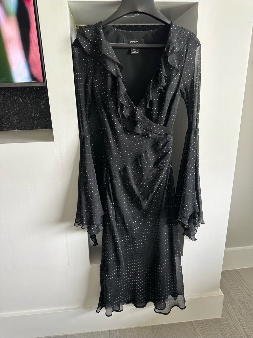 Express Black Polka Dot Ruffle Wrap Dress